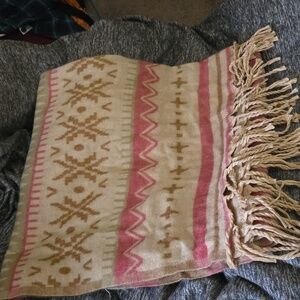 Tibet Handloom Shawls - Fringe Blanket/Shawl with Pink and Tan Patterns